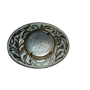 vintage brass metal belt buckle that functions as a coin or casino chip holder.